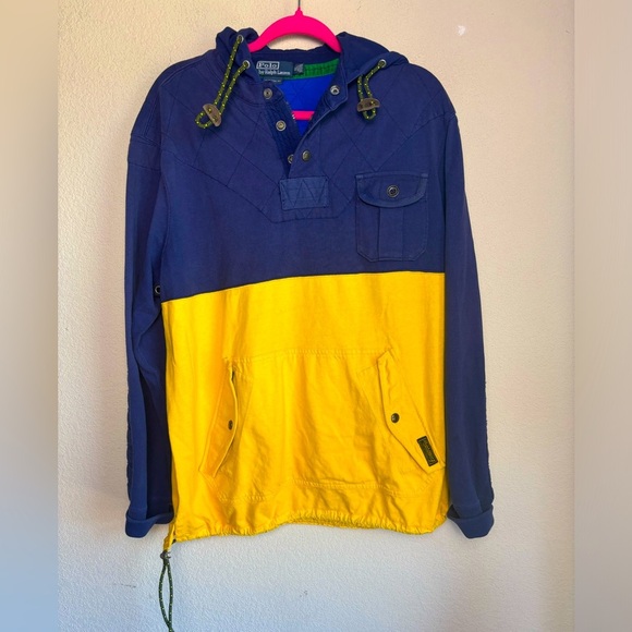 Vintage Polo Ralph Lauren Navy & Yellow Quilted Hooded Rugby Pullover XL - Picture 1 of 14